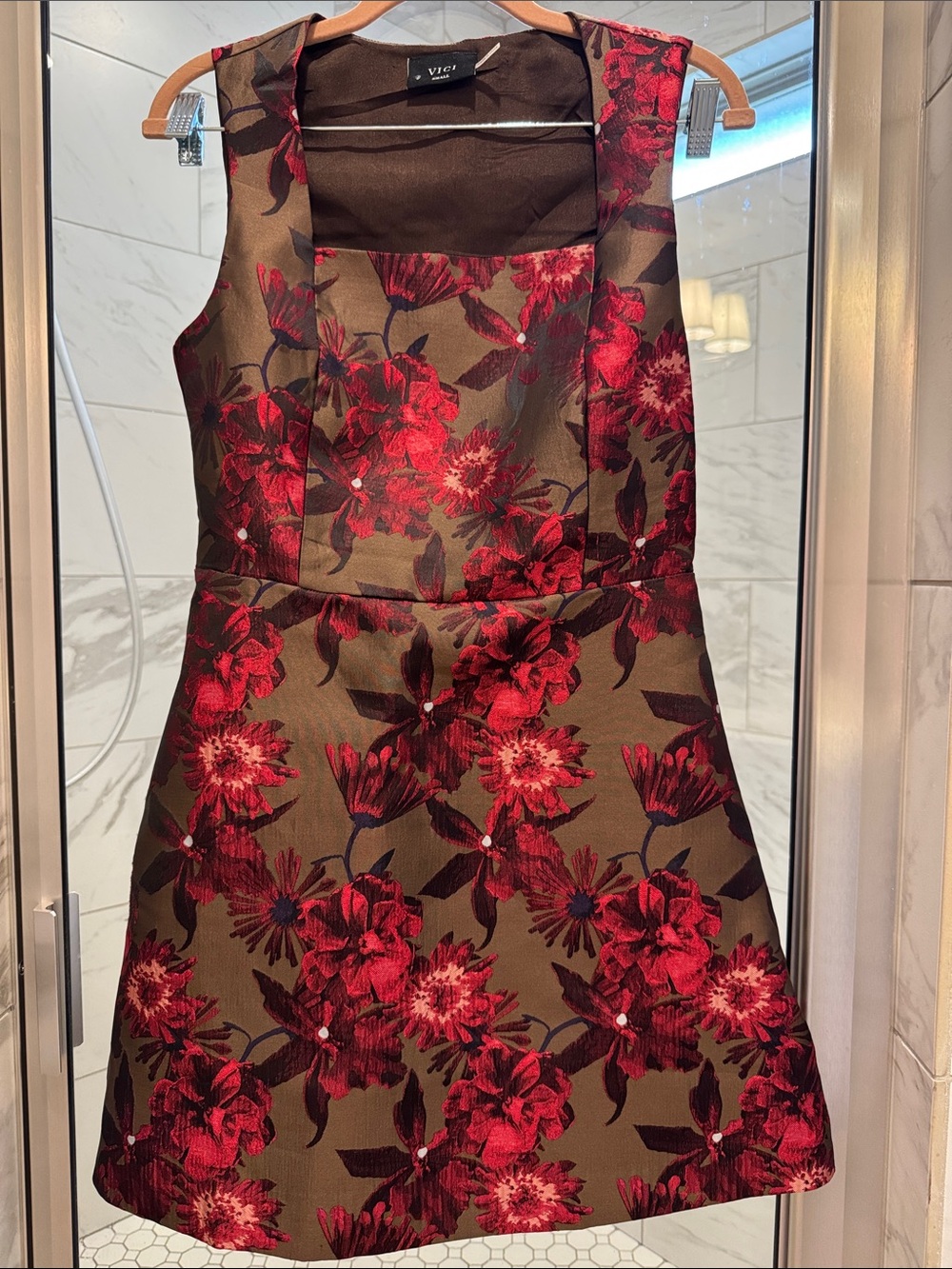 Vici Olive Green Dress with Red Floral Print